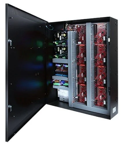 Security system power enclosure housing access control power supplies and control hardware for commercial facilities