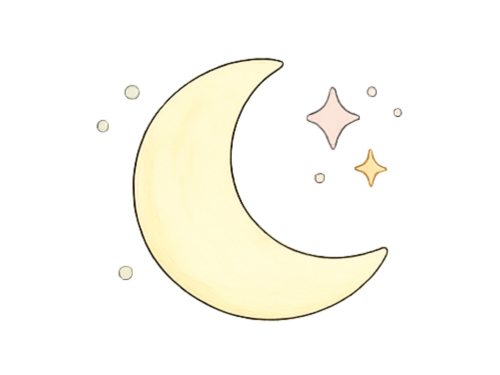 Cartoon illustration of a crescent moon with three stars around it.