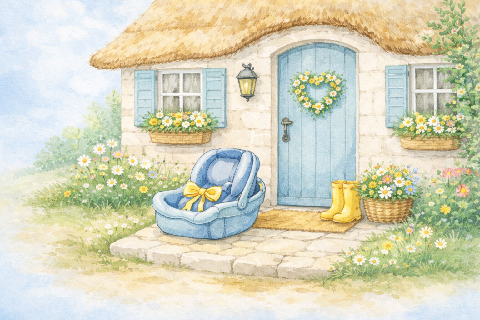 A cozy cottage with a thatched roof, blue door with a heart-shaped flower wreath, two windows with blue shutters and flower boxes, a baby car seat with a yellow bow, yellow rain boots, and flower-filled baskets, surrounded by colorful blooming flowers and greenery.