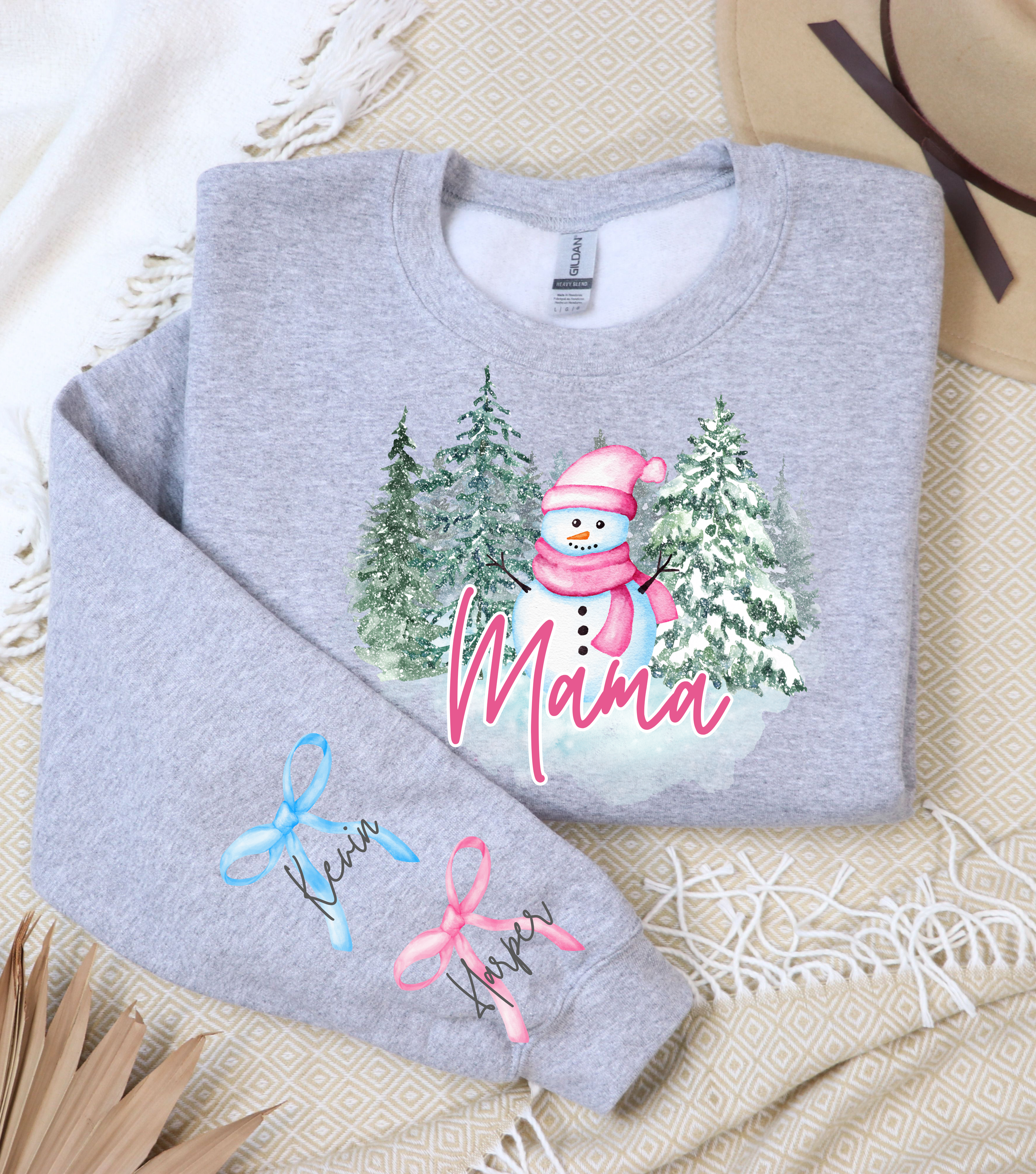 Custom Snowman Mama Sweatshirt – Personalized Kids’ Names on Sleeve