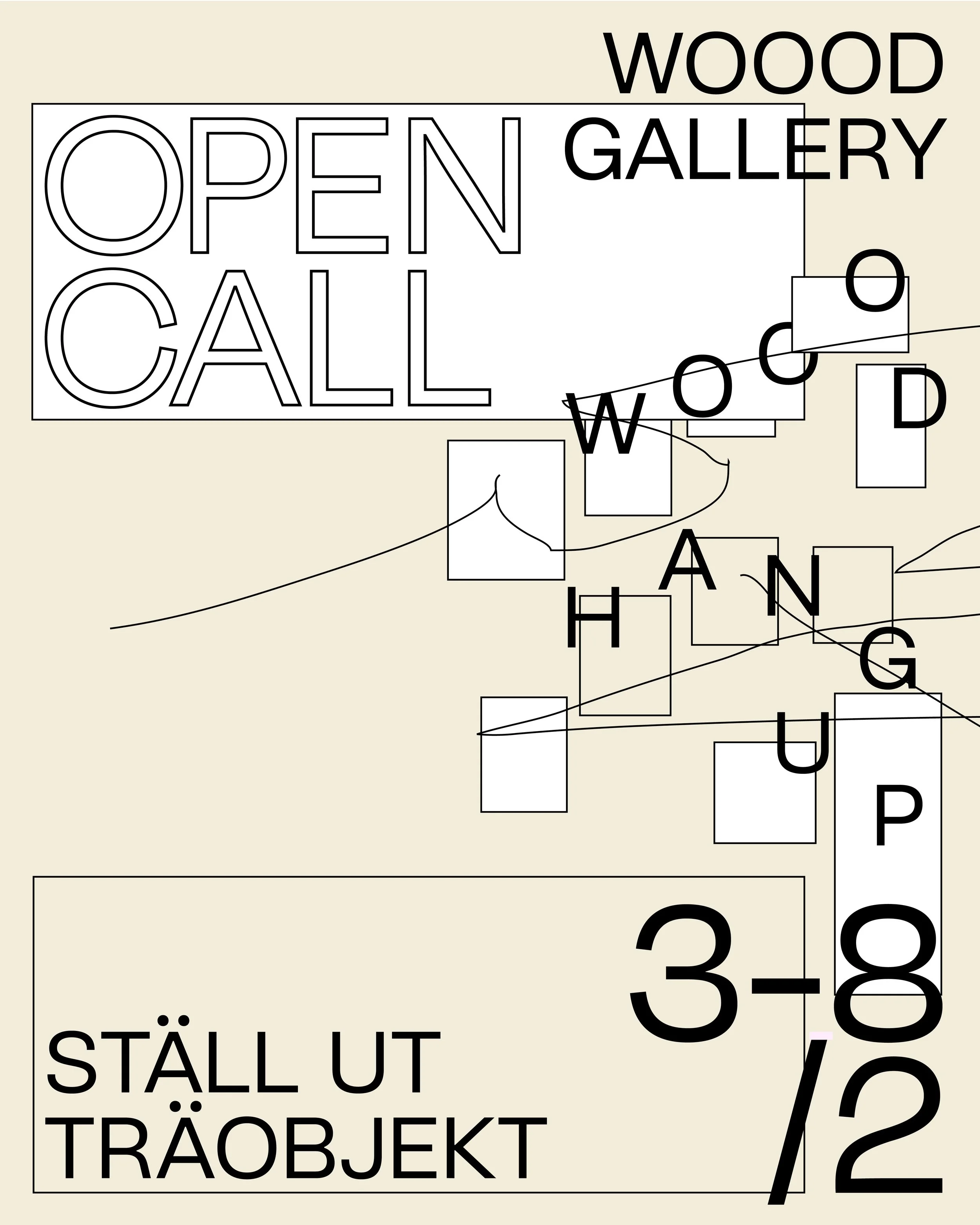 An abstract graphic design with overlapping text and geometric shapes, including words like 'OPEN CALL,' 'WOOD GALLERY,' 'WOC,' and 'STÄLL UT TRÄOBJKT,' along with numbers and lines, set against a beige background.