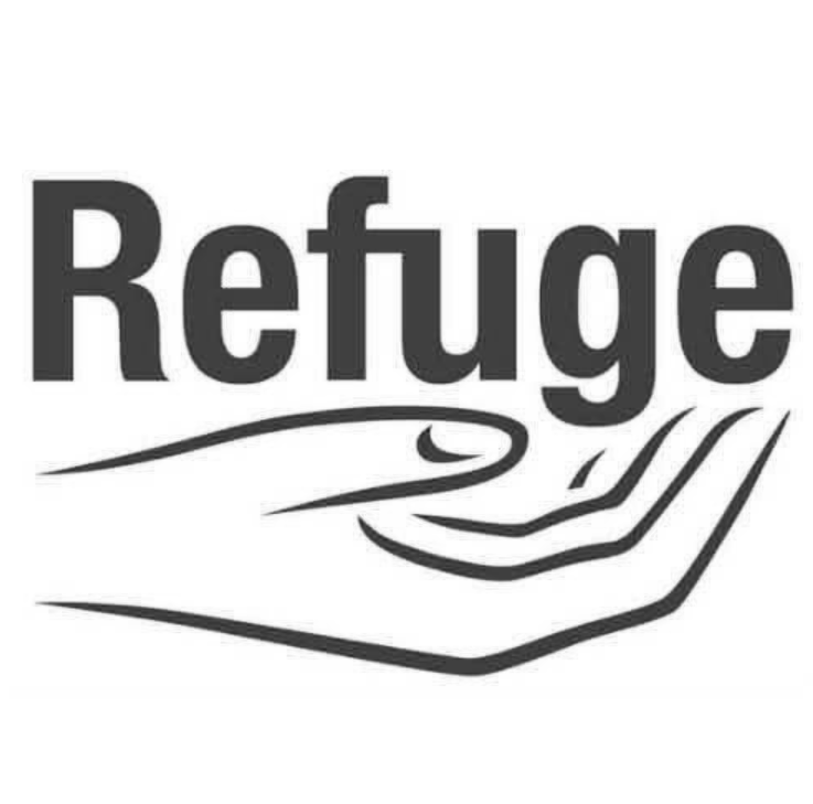 Logo with the word 'Refuge' above a stylized pink hand illustration.