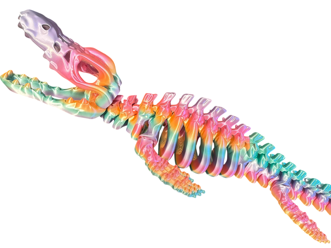 Colorful, shiny holographic dinosaur skeleton with illuminated metallic appearance.