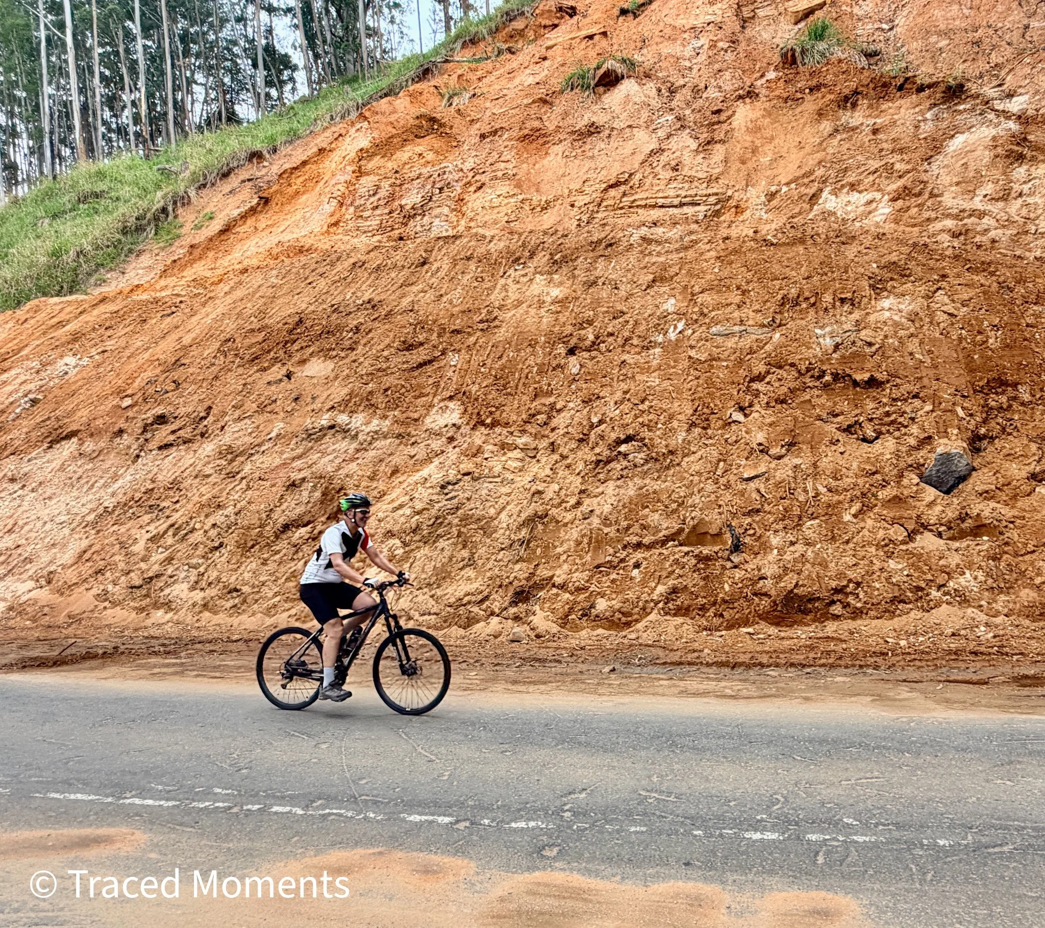 Riding past one of the smaller landslide areas.