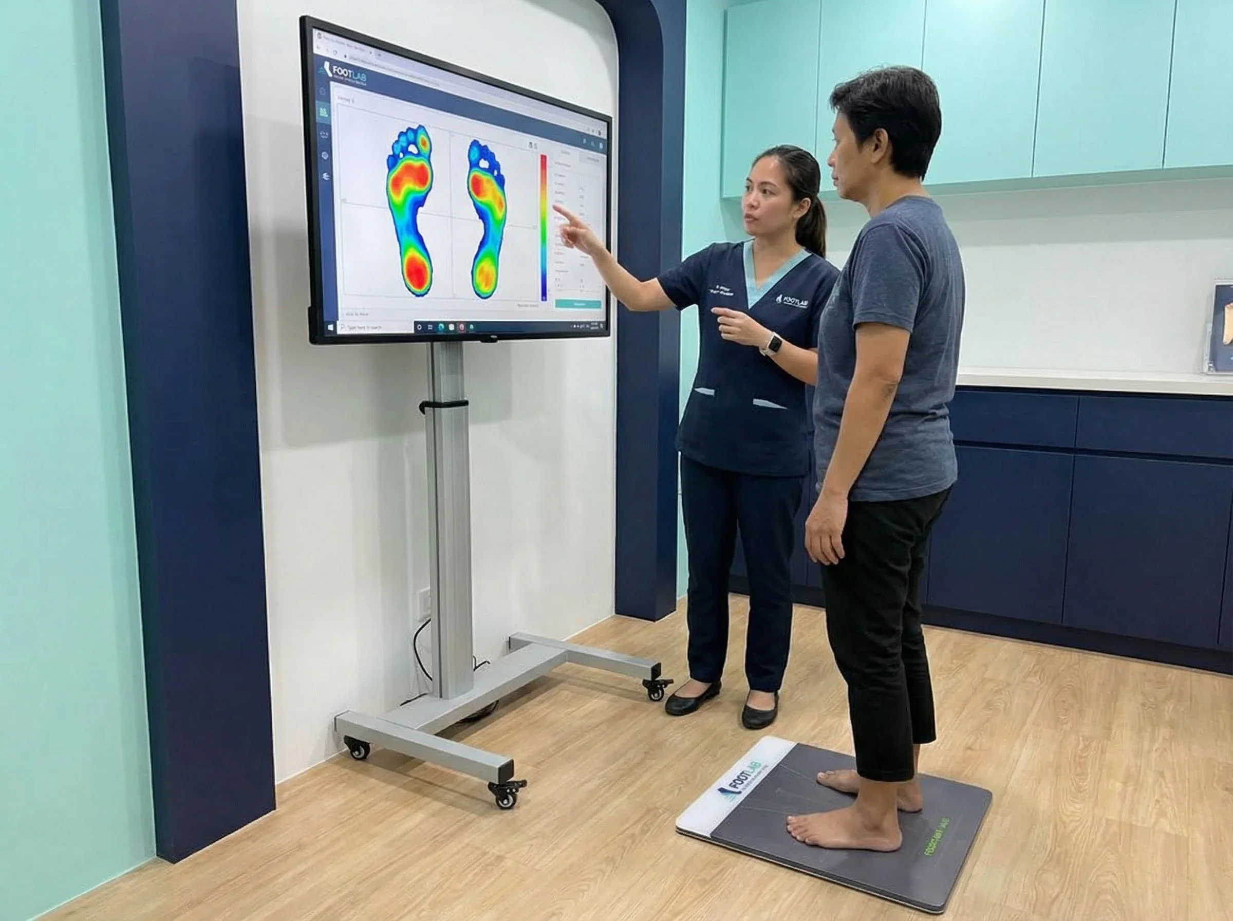 A healthcare professional demonstrates a pressure foot analysis on a patient using a digital touchscreen showing foot pressure points. The patient stands barefoot on a pressure sensor mat.