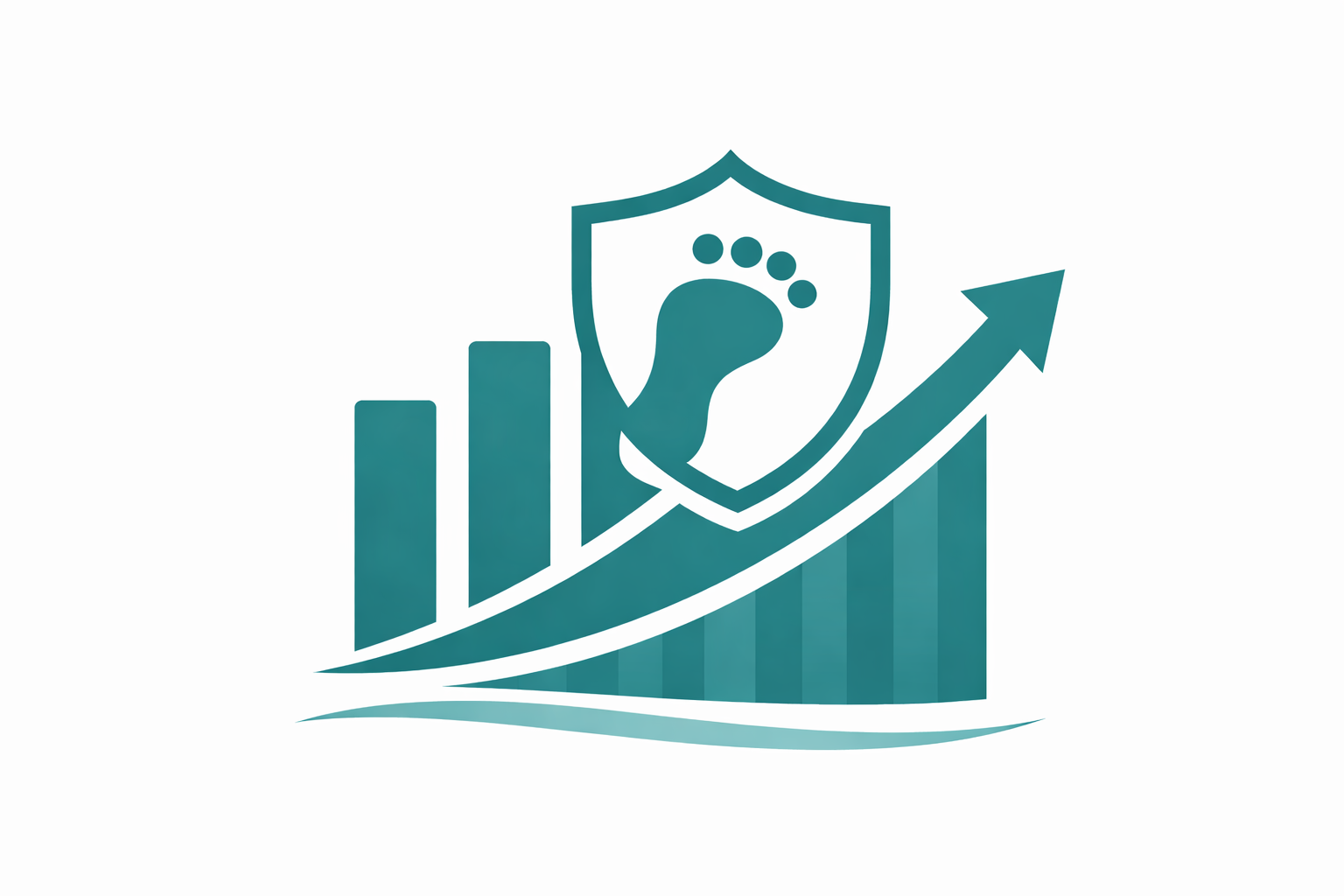 A logo featuring a bar chart with an upward arrow, overlaid with a shield containing a paw print and a quill pen symbolizing protection and growth in animal or pet health.
