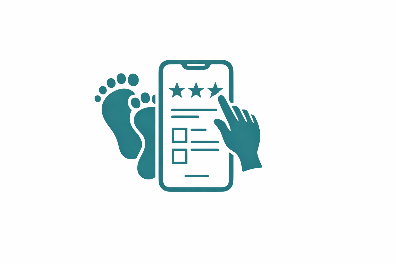 A hand touching a smartphone screen displaying a three-star rating, with a footprint nearby, suggesting review or feedback.