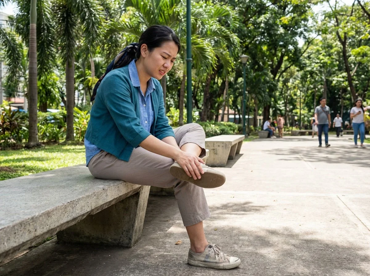 A woman sitting on a park bench holding her ankle with a pained expression, with trees and other people walking in the background.
