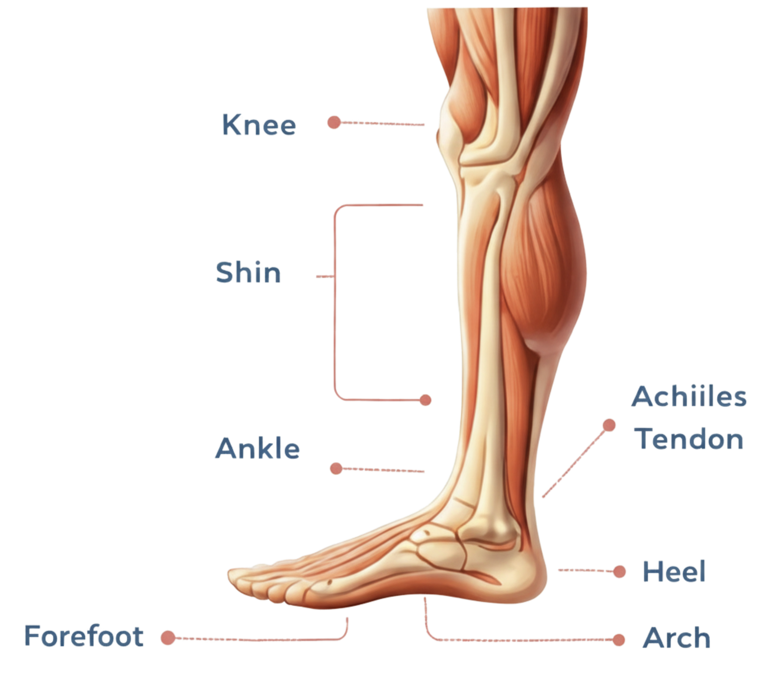 Foot and lower leg anatomy diagram showing bones, muscles, and arch structure for orthotic assessment