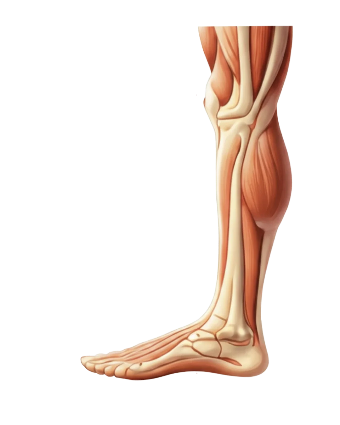 Foot and lower leg anatomy diagram showing bones, muscles, and arch structure for orthotic assessment