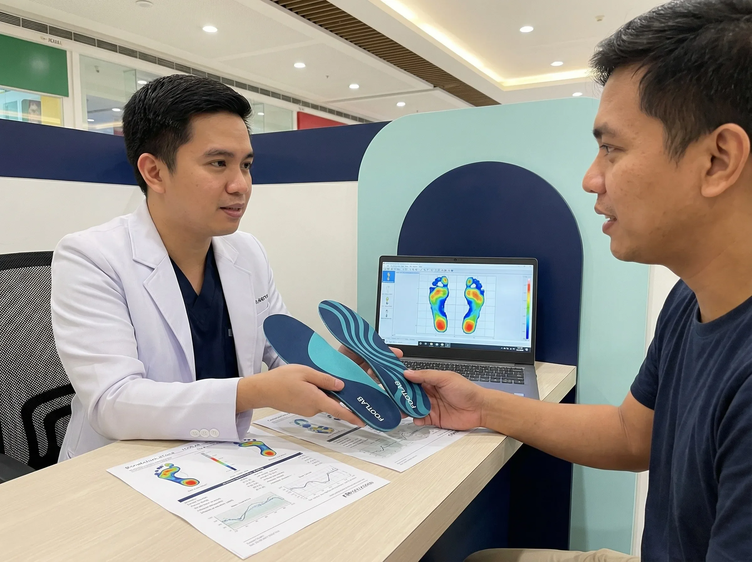 Custom orthotics consultation with foot pressure analysis and insole fitting