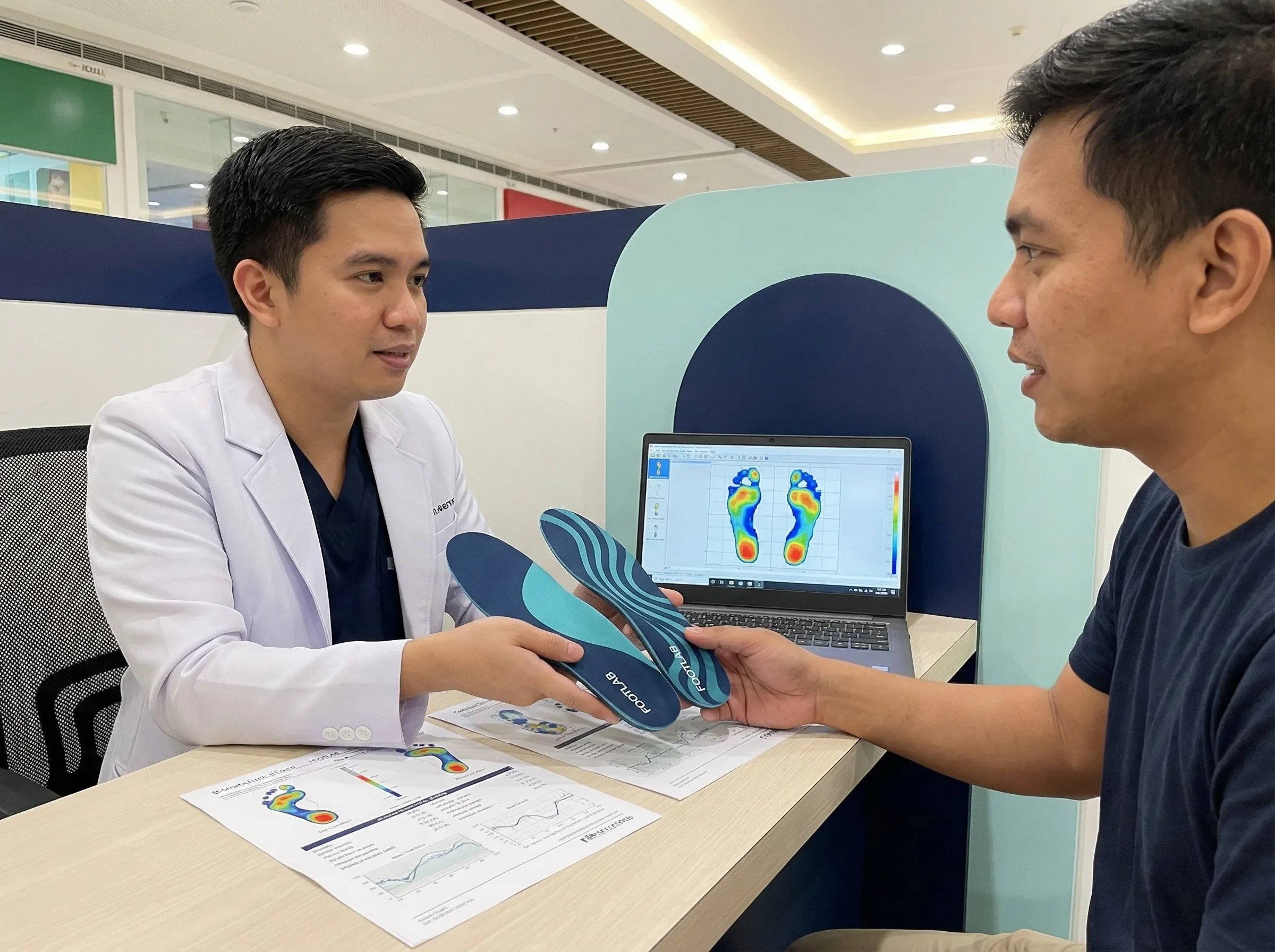 Foot pressure scan and custom orthotics consultation in clinic