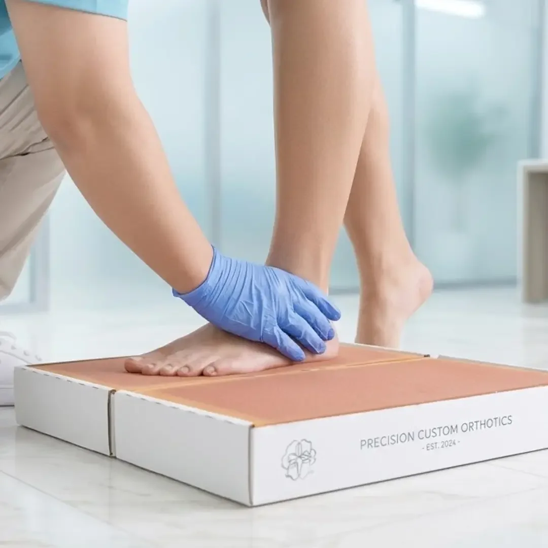 A person wearing a blue glove is pressing their hand on a box labeled 'Precision Custom Orthotics' in a bright, modern setting.