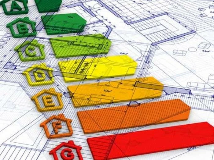 Plans architecturaux avec barres colorées allant du vert au rouge, représentant différentes zones ou niveaux.