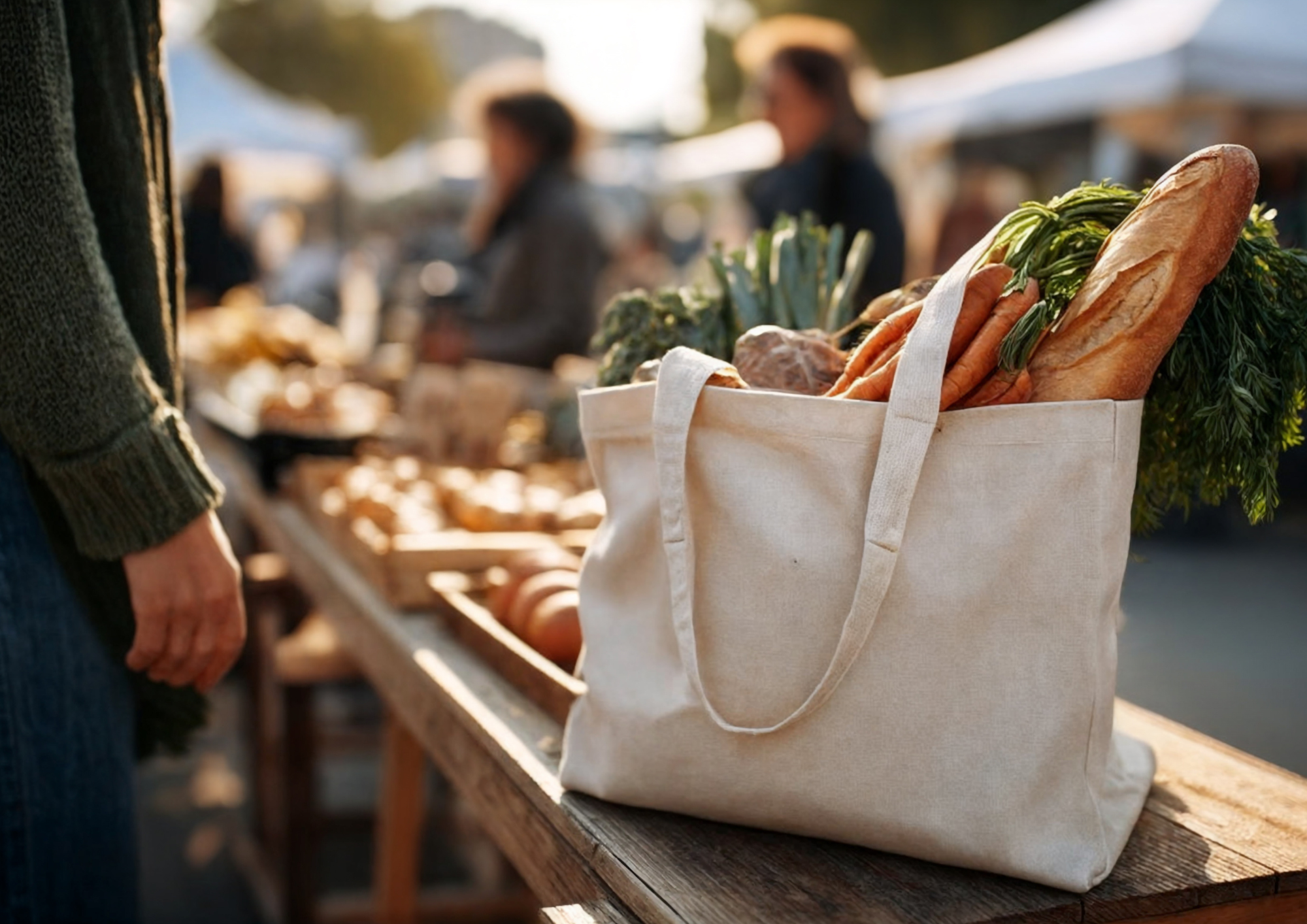 Sac en toile rempli de produits frais comme du pain, des légumes, et des herbes, posé sur une table en bois à un marché en extérieur, avec des personnes floues en arrière-plan.