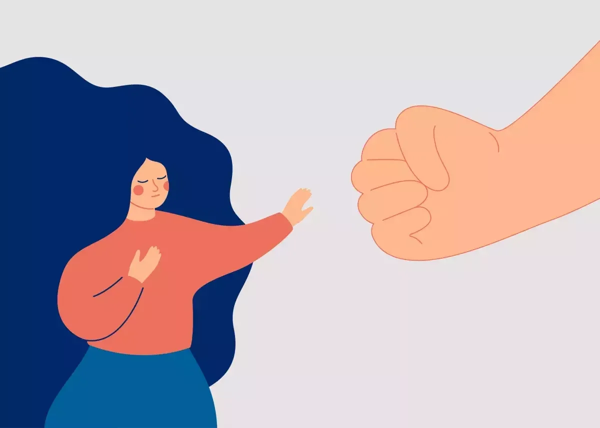 Une femme avec de longs cheveux bleus, les yeux fermés, touchant sa poitrine avec une main, et faisant un geste de tentative de toucher un gros pouce levé d'une main géante. Illustration minimaliste et abstraite.