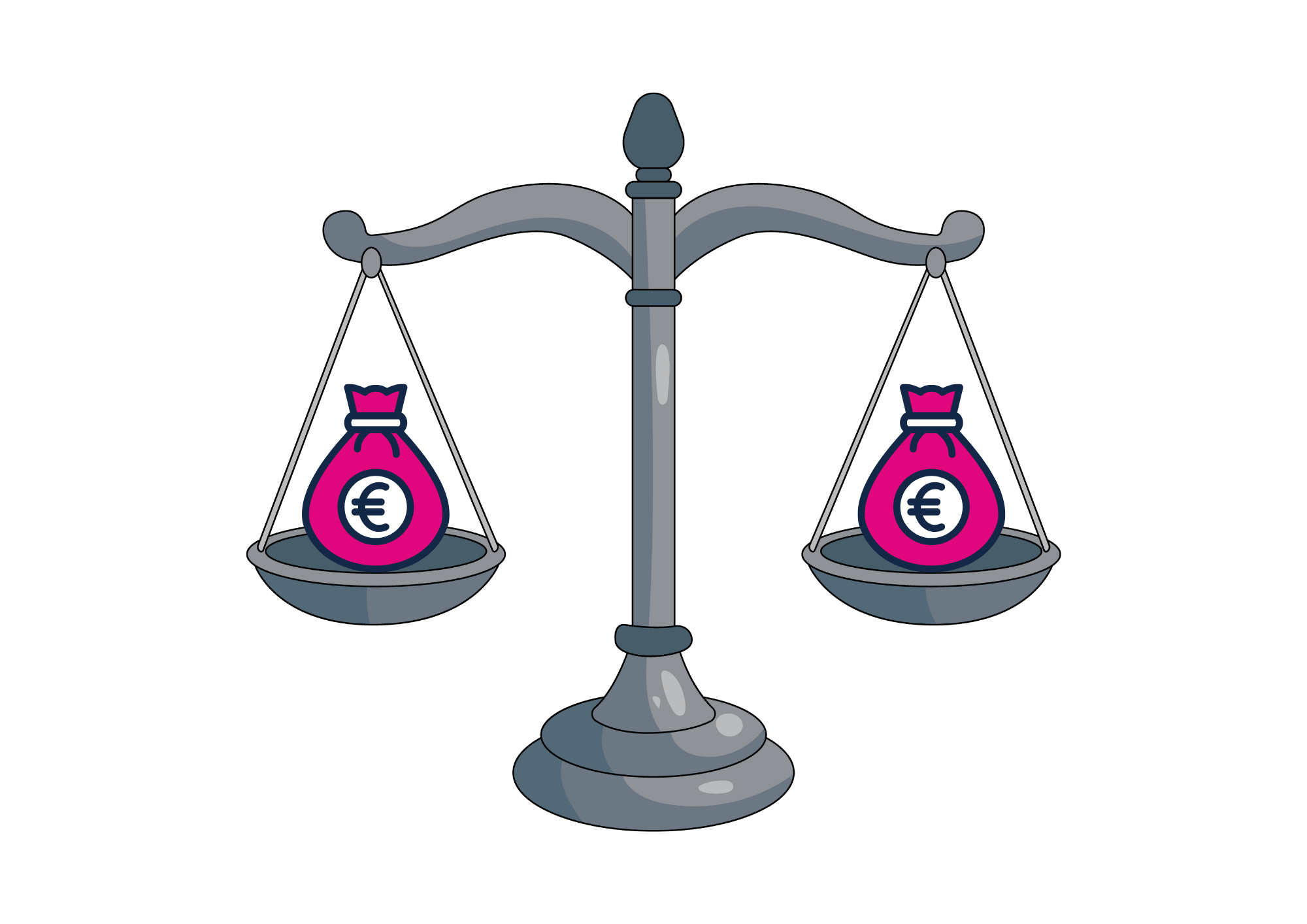 Une balance avec deux sacs d'argent rose portant un symbole euro, symbolisant la balance entre finances ou économie.