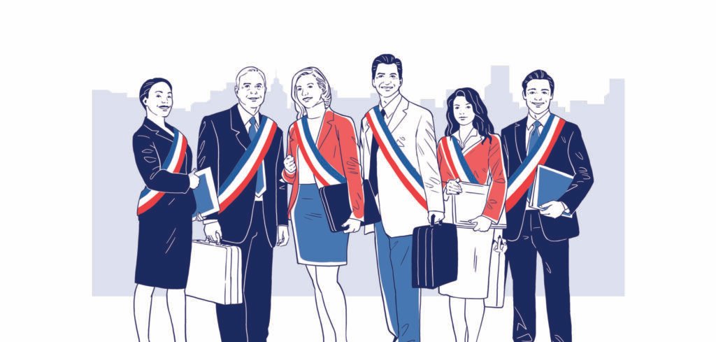 illustration de six personnes portant des écharpes tricolores françaises, tenant des dossiers ou des mallettes, avec une silhouette de ville en arrière-plan