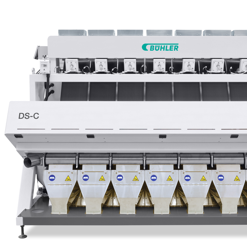 Commercial paper folding and stacking machine labeled BUHLER DS-C.