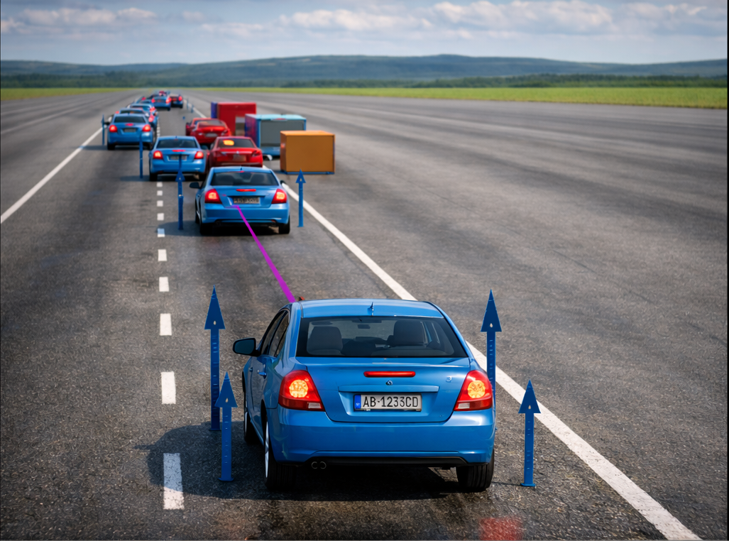 Photorealistic simulation of autonomous vehicle obstacle avoidance maneuver on a proving ground, showing trajectory planning, multi-vehicle traffic scenario, and stroboscopic time-sequence validation from automotive engineering research.