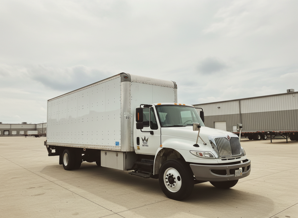 A white delivery truck parked in a large industrial area with warehouse buildings in the background.
