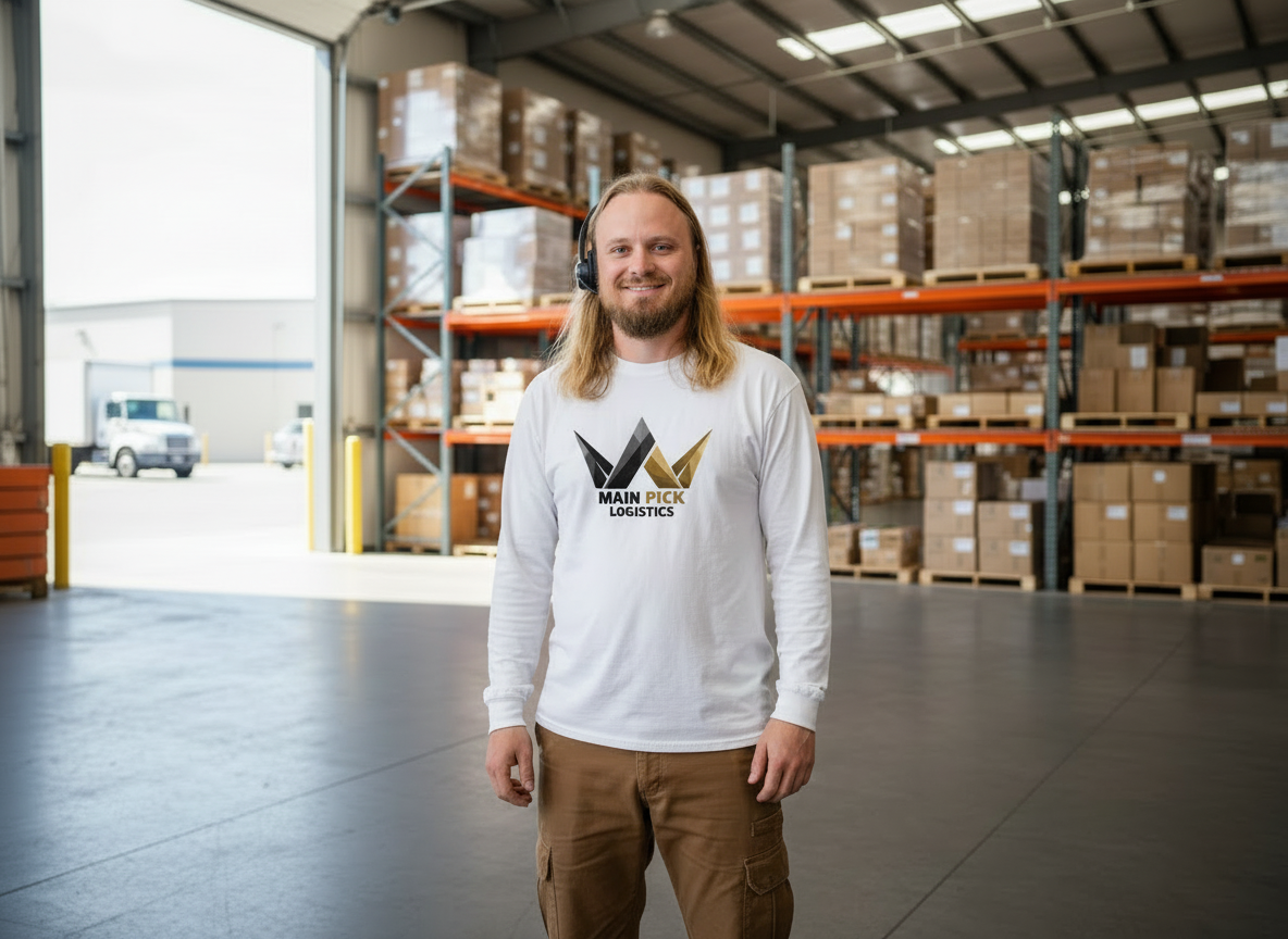 A smiling man with long blond hair and a beard, wearing a white shirt with a logo, standing inside a warehouse with shelves stacked with boxes.