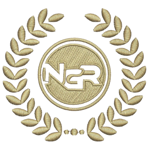 A gold embroidered patch featuring a circular design with the text 'N2R' in the center, surrounded by a laurel wreath.