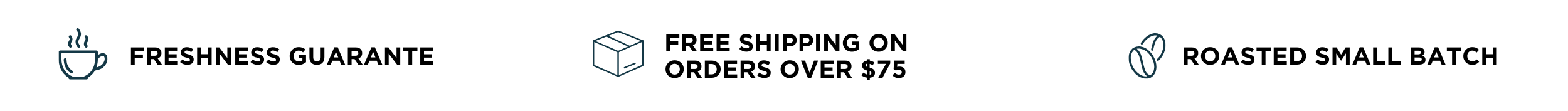 Icons and text indicating freshness guarantee, free shipping on orders over $75, and roasted small batch.