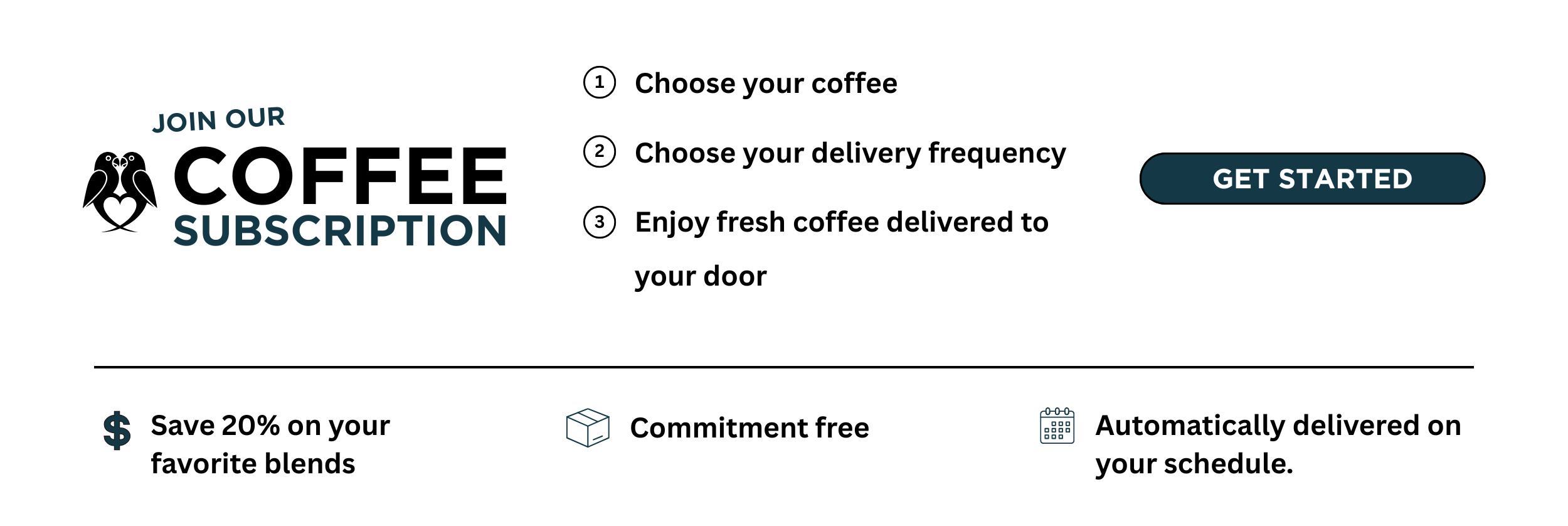 Advertisement for a coffee subscription service featuring a logo with two stylized birds, and steps to subscribe including choosing coffee, delivery frequency, and enjoying fresh coffee at your door, with a prominent 'Get Started' button.