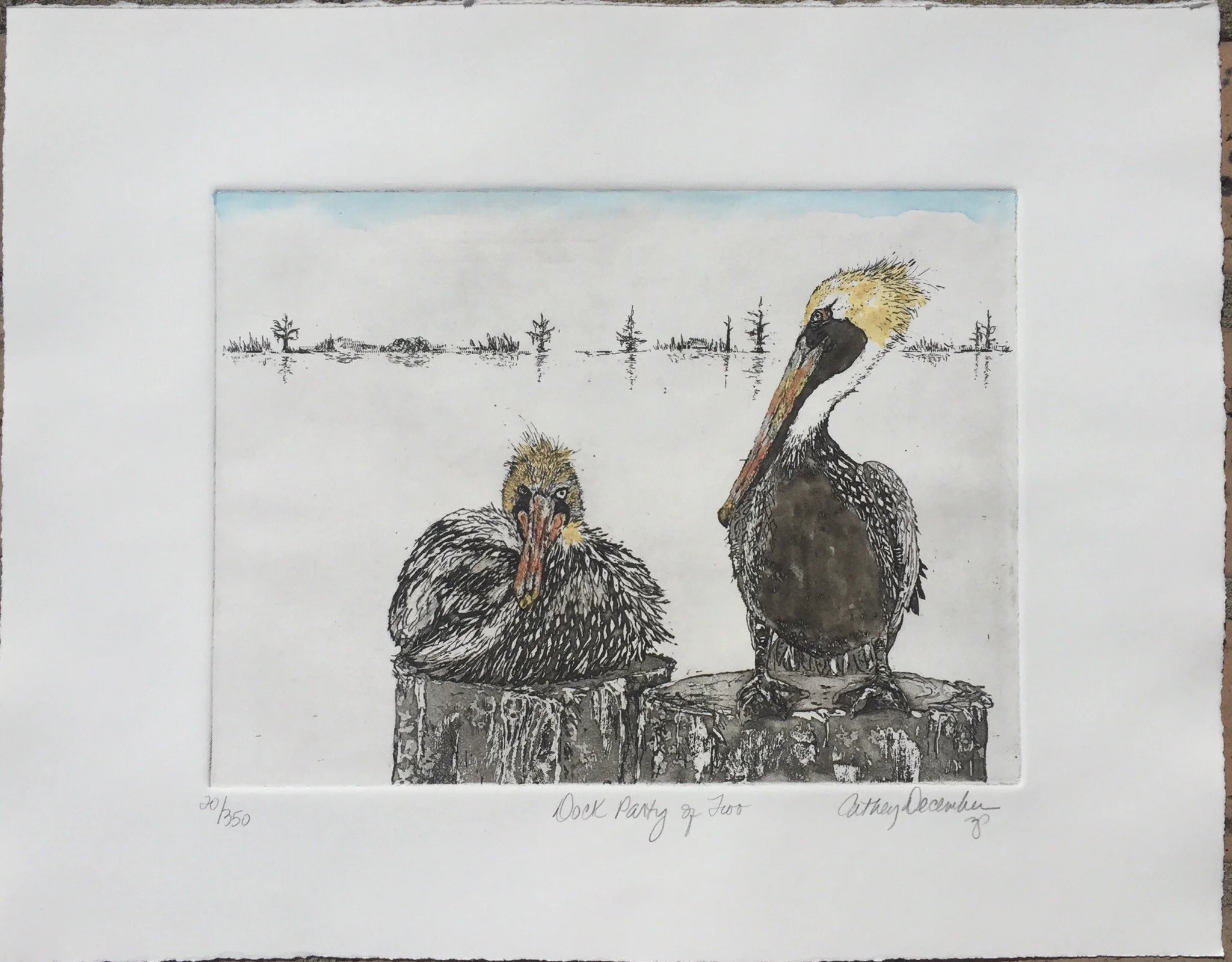 A watercolor painting of two pelicans perched on a tree stump in a marshland, with a distant line of trees and a blue sky in the background.