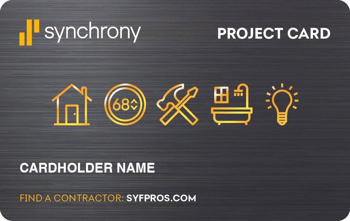 A project card with a black background and yellow accents, displaying icons for home, temperature, tools, bathtub, and lightbulb, along with the word 'synchrony' and text for cardholder name and contractor website.