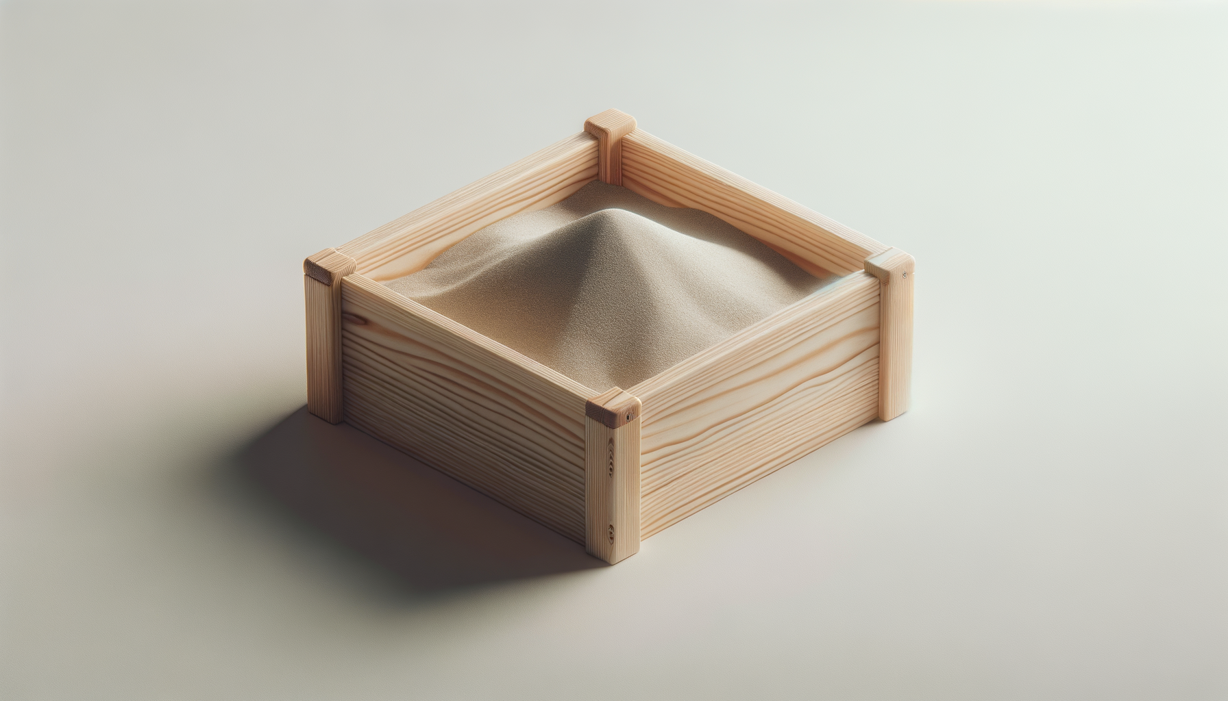 A wooden box filled with fine sand, placed on a light-colored surface with a neutral background.
