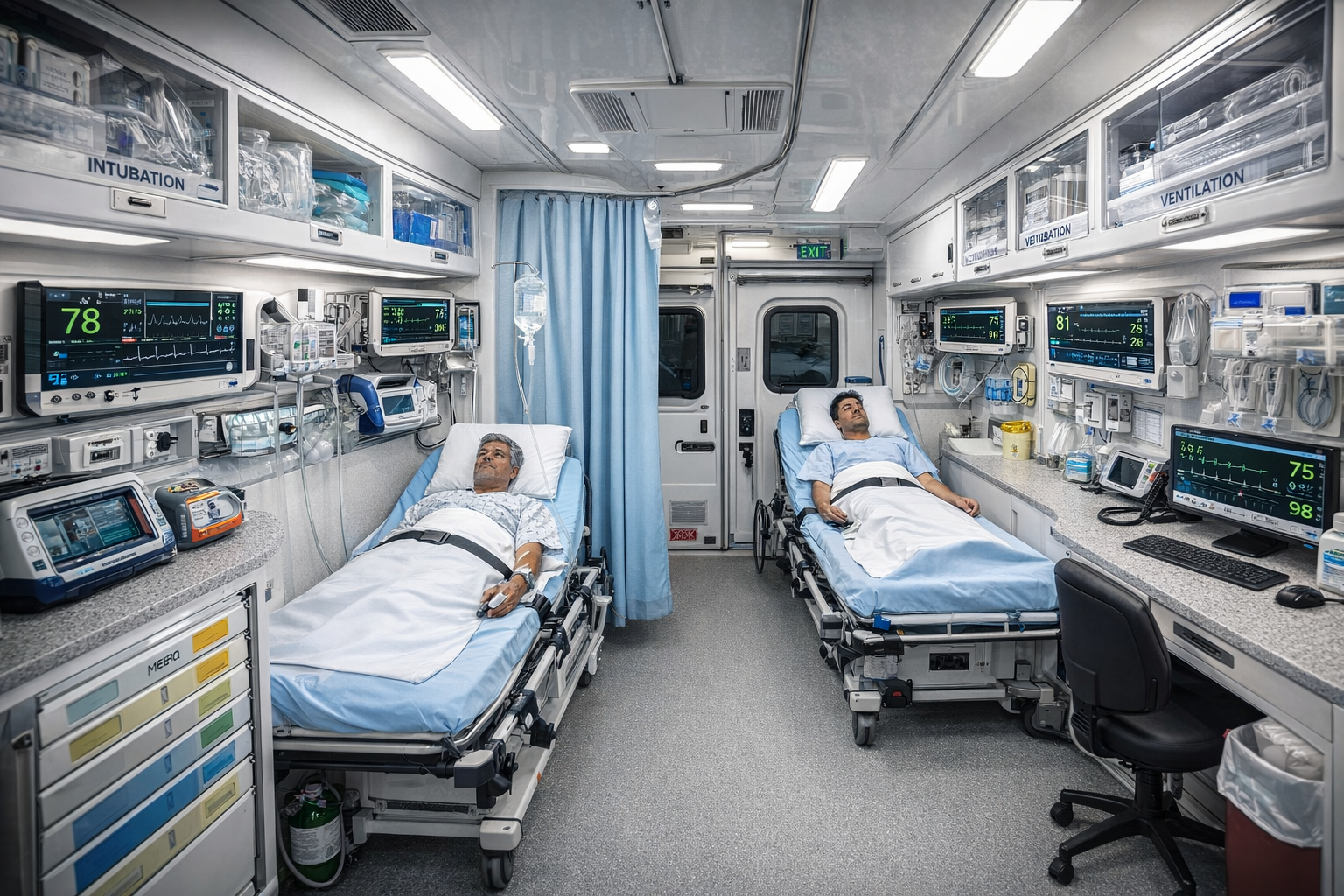 Two male patients lying on hospital beds in a mobile medical unit, surrounded by medical equipment and monitors.
