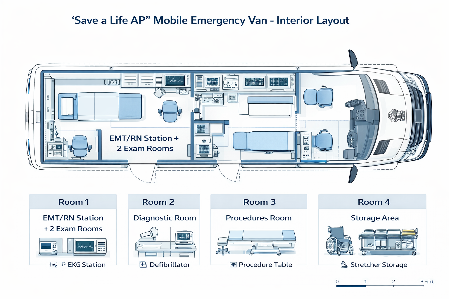 Interior layout of a mobile emergency van with labeled rooms: EMT/RN station and exam rooms, diagnostic room with a microscope, procedures room with a procedure table, and storage area with stretcher storage.