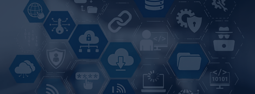 Digital technology and cybersecurity icons on a dark blue background, including cloud storage, lock, shield, and network symbols.