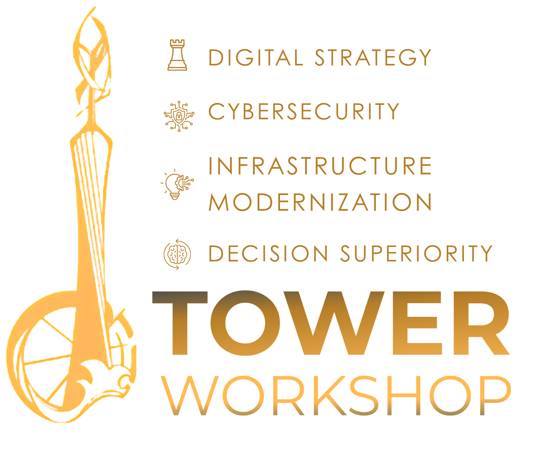 Tower Workshop brand graphic. At left is a tall gold line-art tower with a waterwheel and windmill-like forms. At right, four gold service areas: : “Digital Strategy,” “Cybersecurity,” “Infrastructure Modernization,” and “Decision Superiority.”