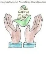 Two hands with palms facing upward, holding a green cone-shaped object with small blocks stacked inside.
