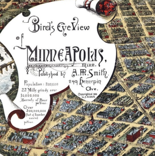 Vintage map of Minneapolis from Bird's Eye View, published by A.R. Smith, showing city streets and buildings.