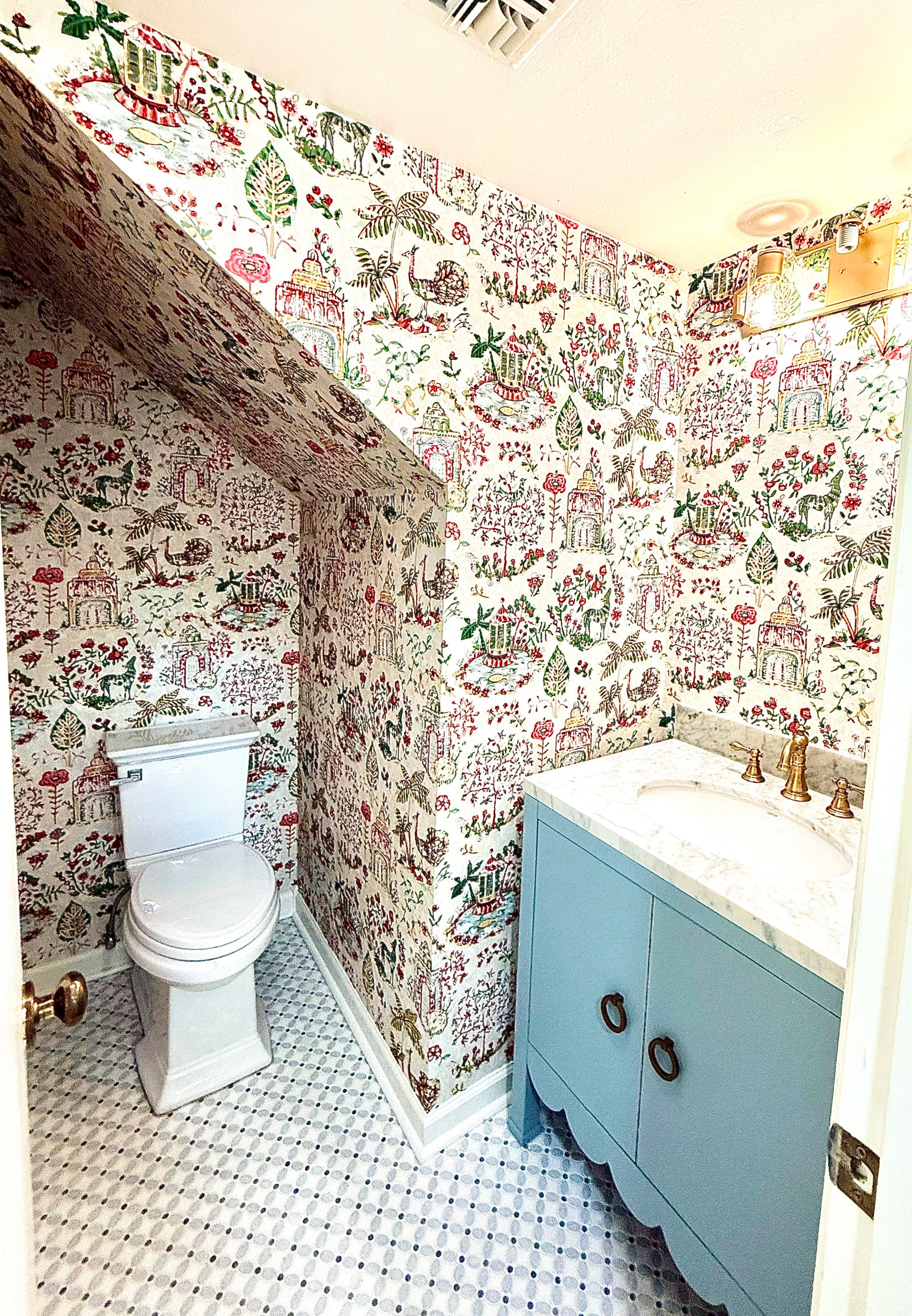 Full powder room wallpaper installation