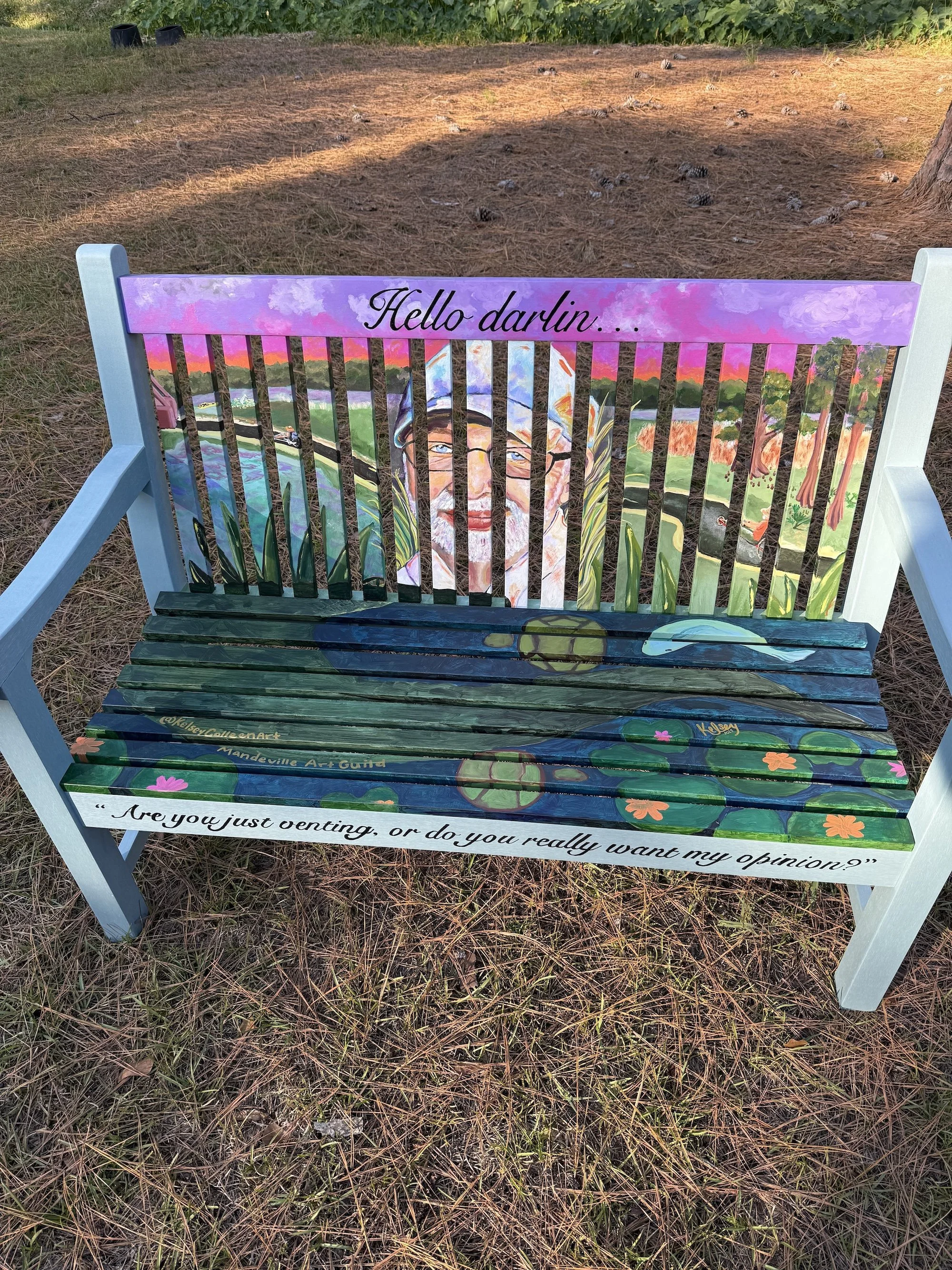Colorful painted bench with a landscape scene, water lilies, and a woman's face, with the text 'Hello darlin...' and a quote about venting or opinions.