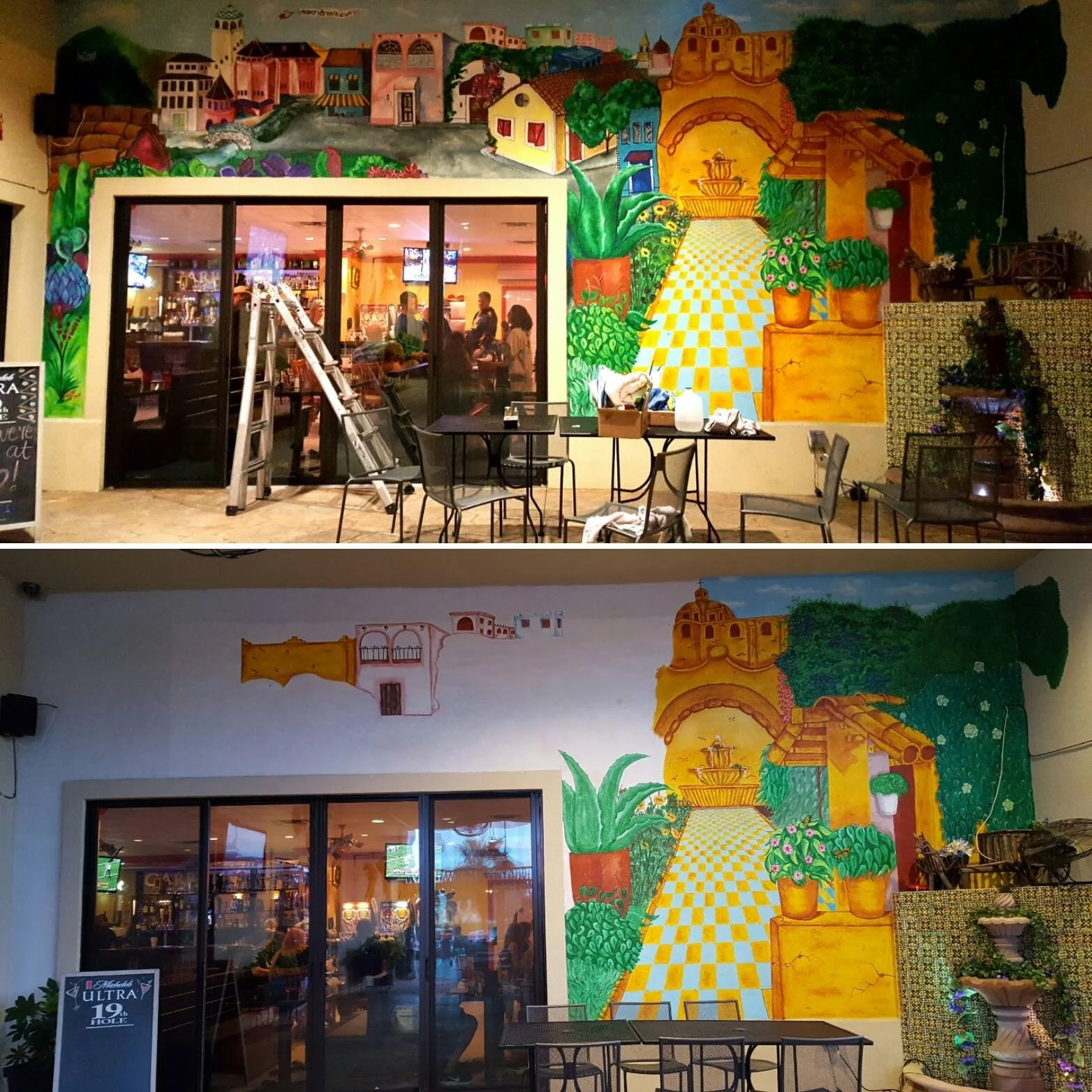 Comparison of the restaurant entrance before and after wall mural painting. The mural depicts a colorful village scene with buildings, plants, and a pathway.
