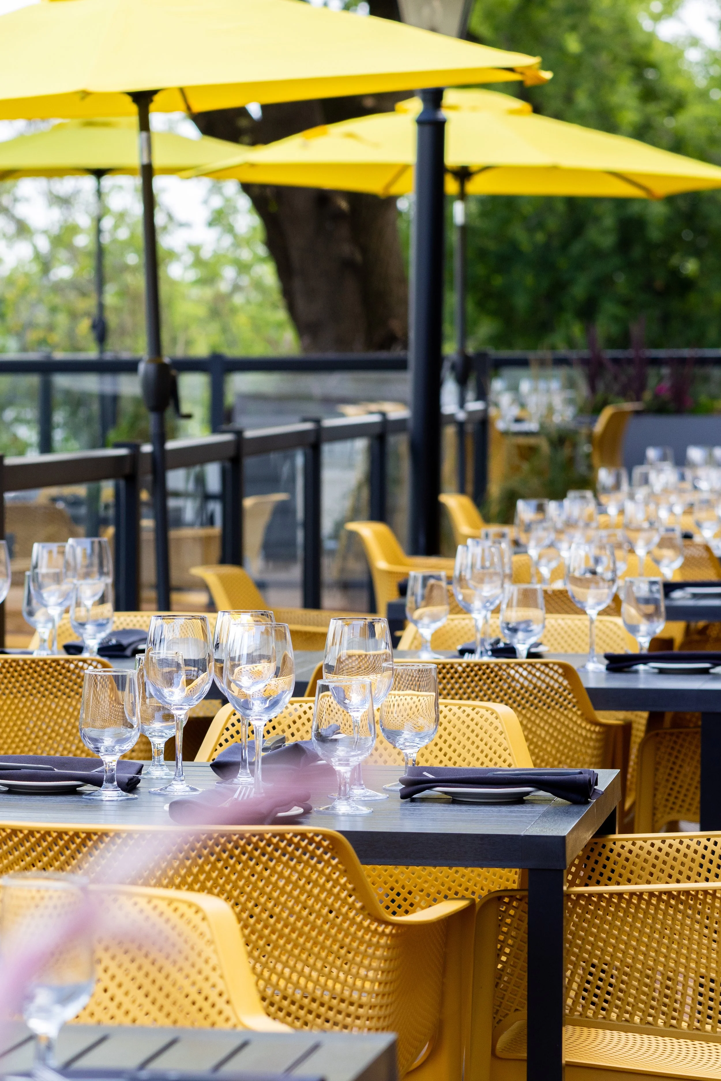 Maxwell's Steak & Seafood Patio with yellow umbrellas, yellow chairs, and tables set with wine glasses, water glasses, black napkins, and plates.