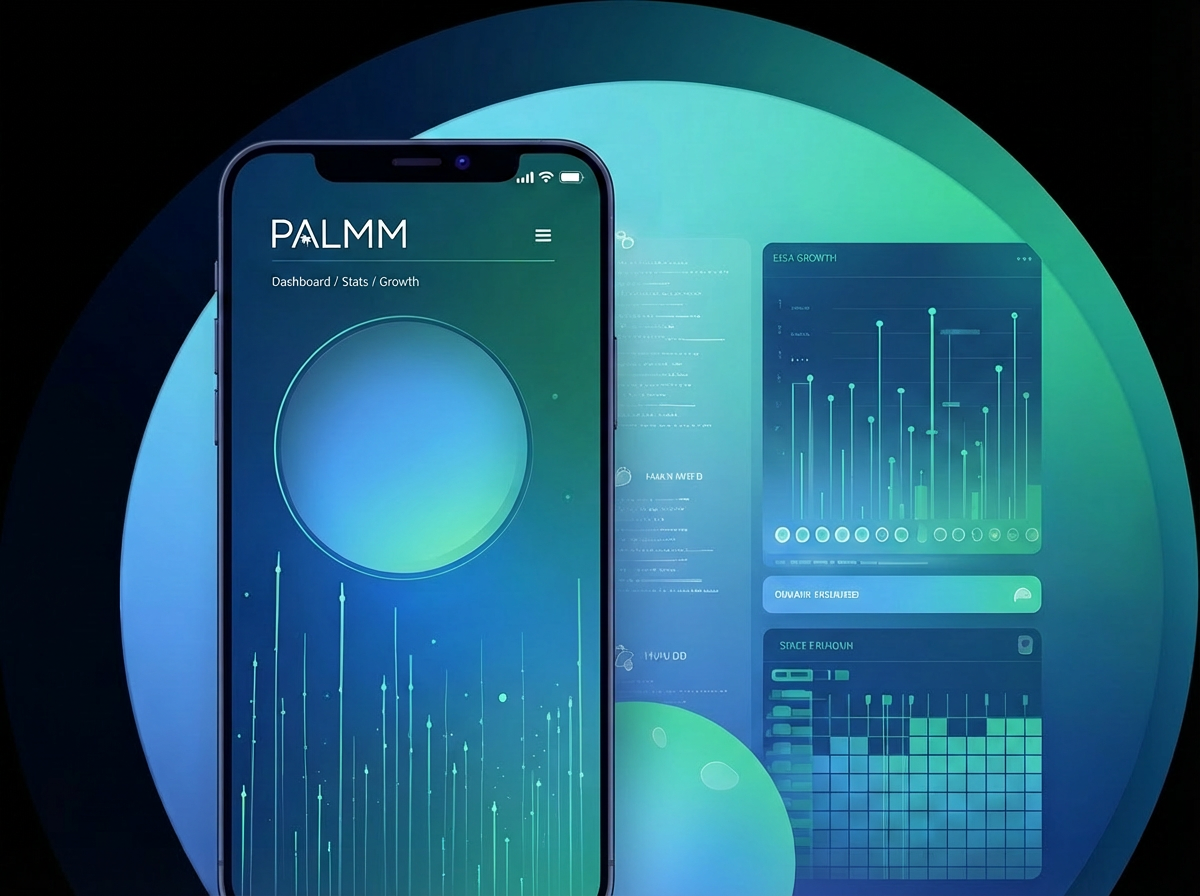 Smartphone on a digital interface displaying a dashboard with graphs and data analytics, titled PALMM.