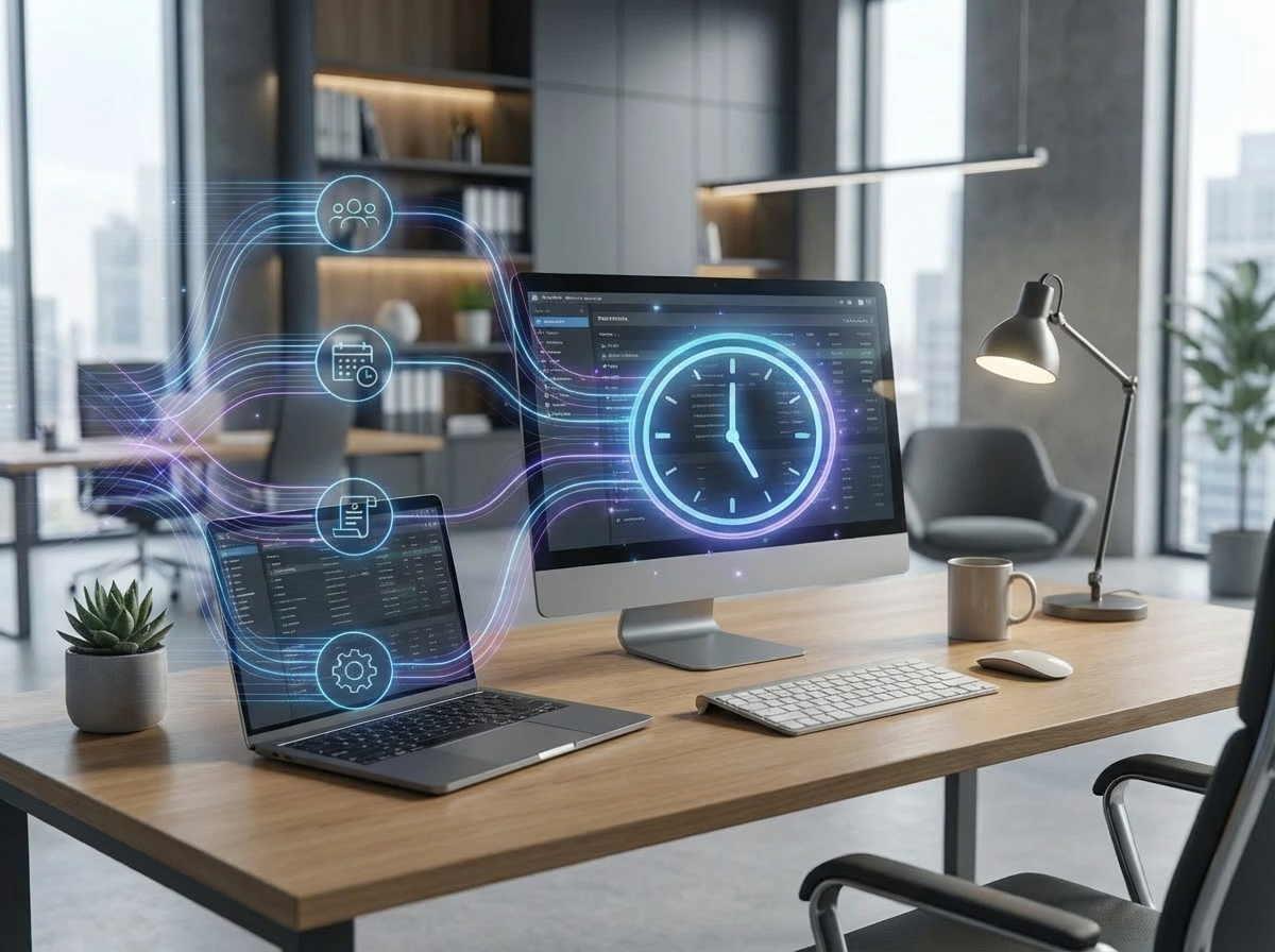 Modern office workspace with a large wooden desk, a desktop computer displaying a clock and data, a laptop, a desk lamp, a mug, a keyboard, a mouse, a small potted plant, and an adjustable chair. The office has large windows and a background with shelves and furniture.