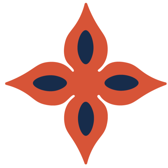 Stylized flower with four orange petals and dark blue oval centers.