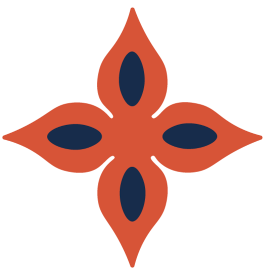 Stylized orange flower with four petals, each containing a dark blue oval shape.