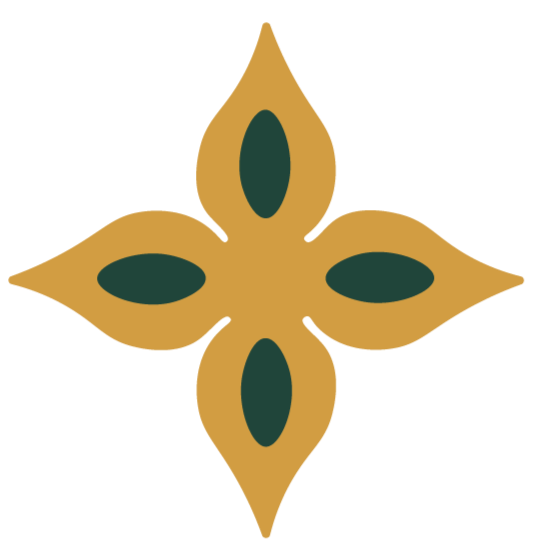 A decorative floral pattern with four gold petals and dark green centers.