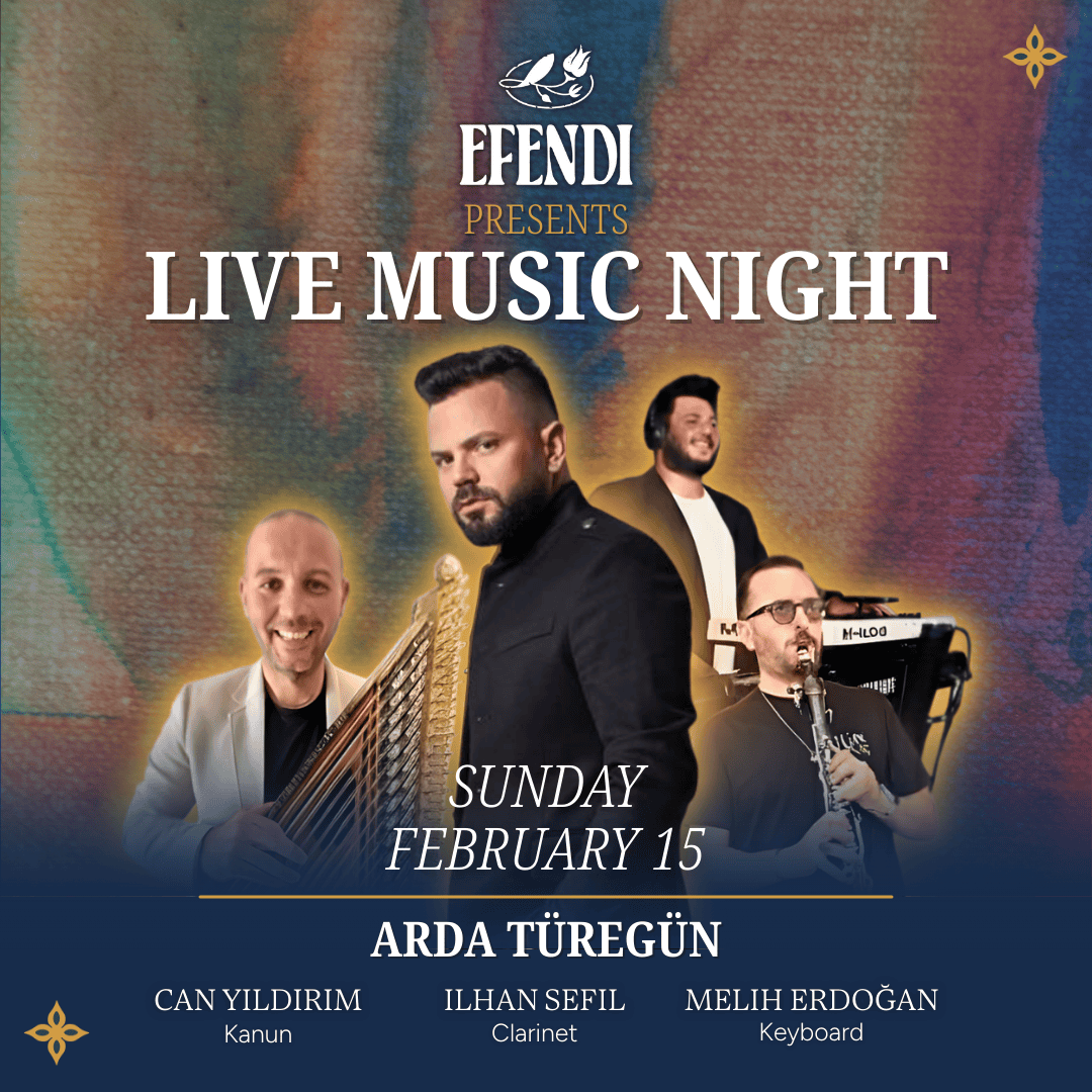 Poster for a Live Music Night featuring Arda Türegün on Sunday, February 15, with Can Yıldırım on qanun, İlhan Sefil on clarinet, and Meli̇h Erdoğan on keyboard. The background has a colorful abstract design, and the poster shows four musicians including Arda Türegün.