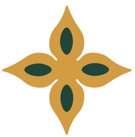 A stylized floral design with a gold four-petal flower and dark green centers.