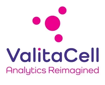 ValitaCell logo with the tagline 'Analytics Reimagined' and a design of five pink circles of varying sizes arranged above the text.